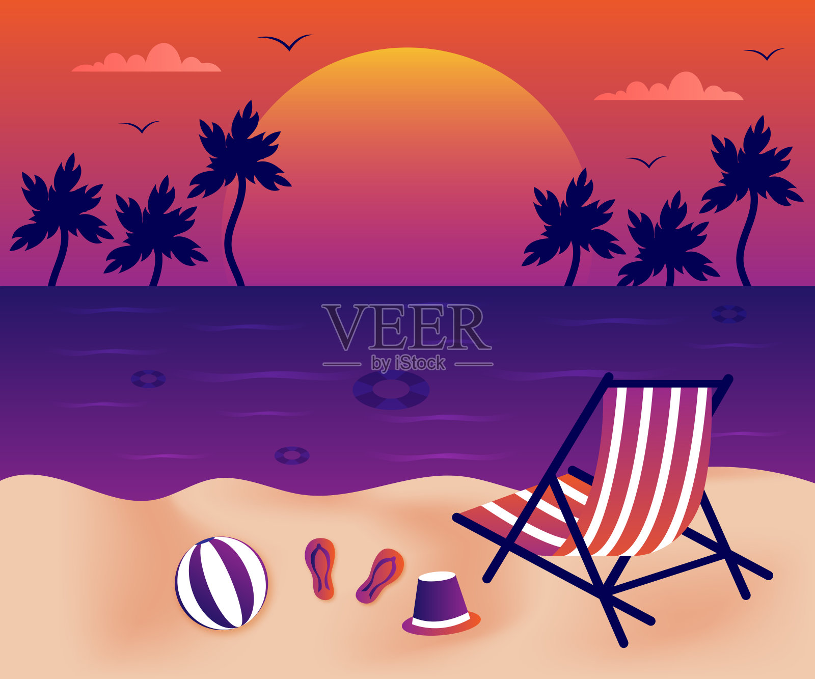 热带夏季棕榈树的剪影，冲浪者和在夕阳下的海滩插画图片素材