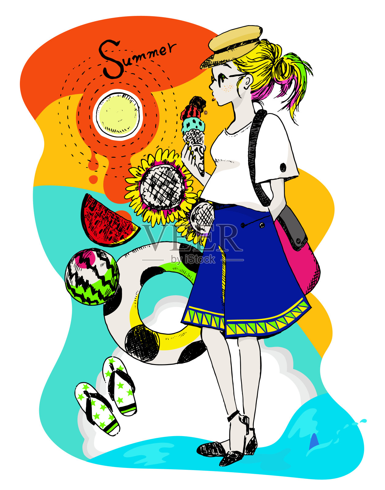 一个女孩的插图与夏天的形象在迷幻的阴影插画图片素材