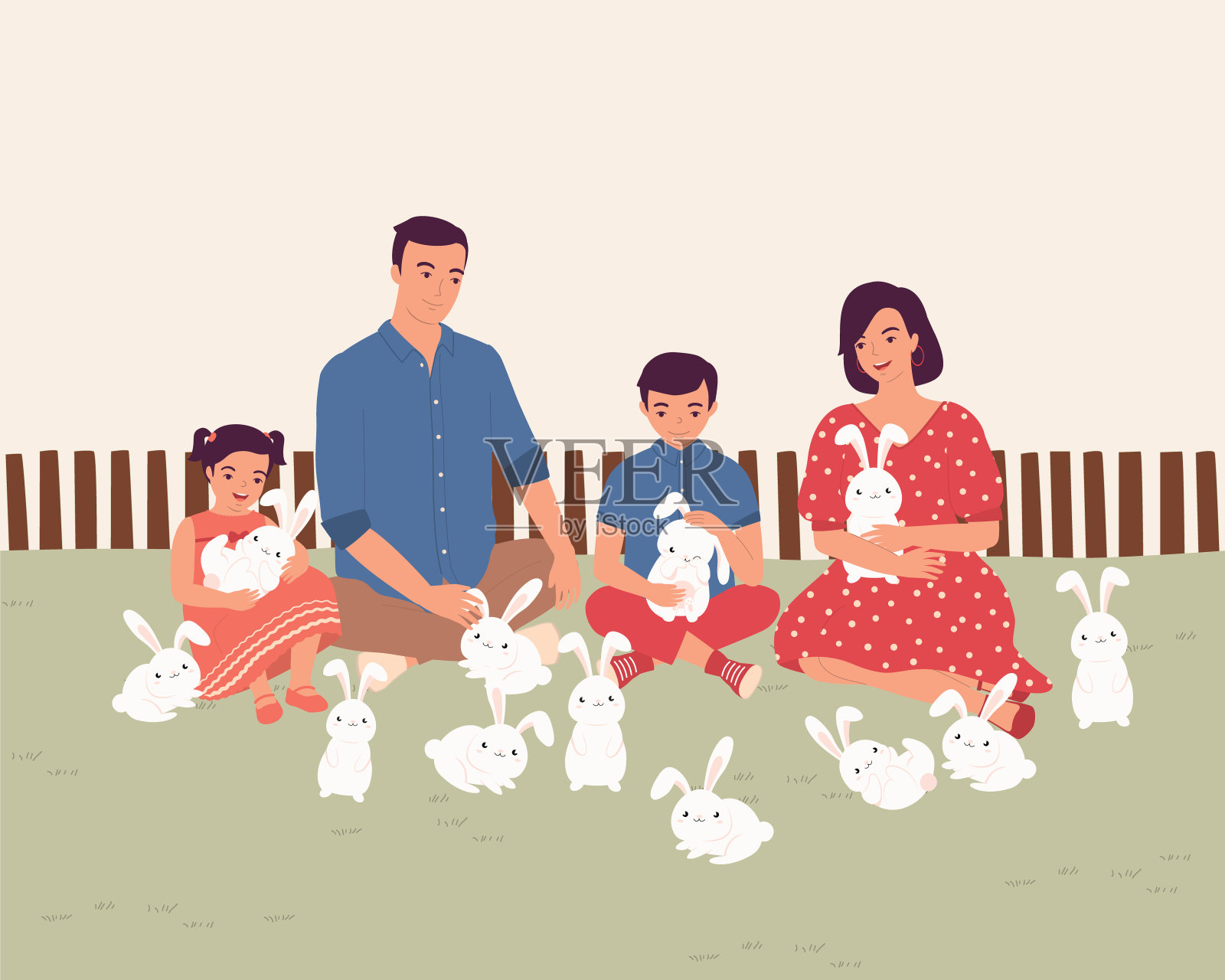 一家人在兔子农场玩得开心。插画图片素材