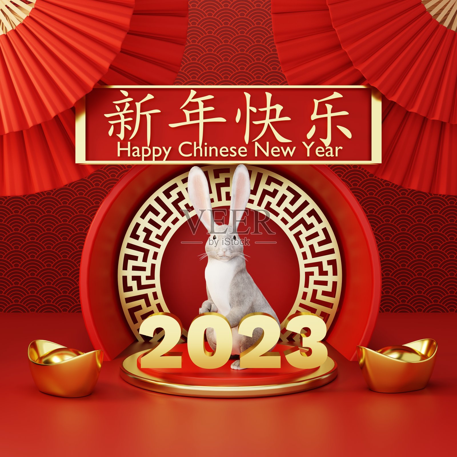 中国新年2023年的兔子或兔子在红色的中国图案与手扇背景。亚洲人的节日和传统文化观念。3 d演示呈现照片摄影图片