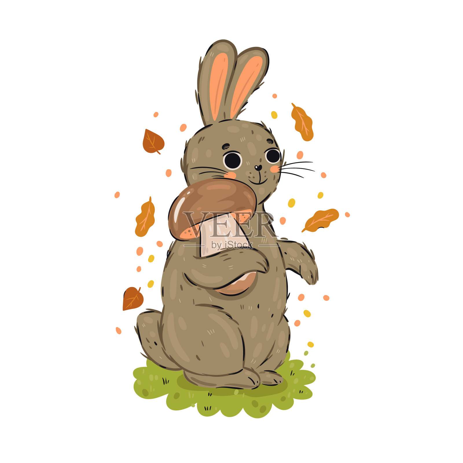 一只可爱的兔子爪子里抓着一只蘑菇。矢量图形。插画图片素材