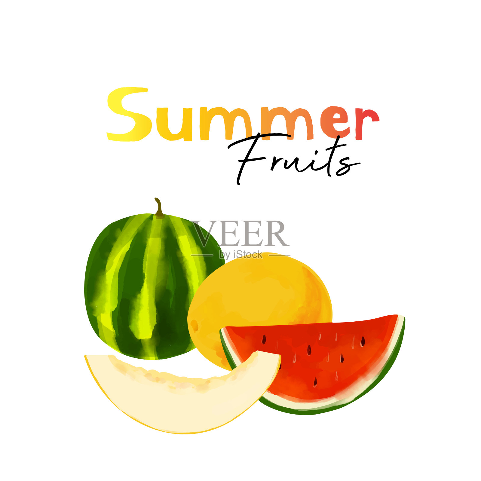 西瓜和西瓜插图与文字夏天的水果设计元素图片