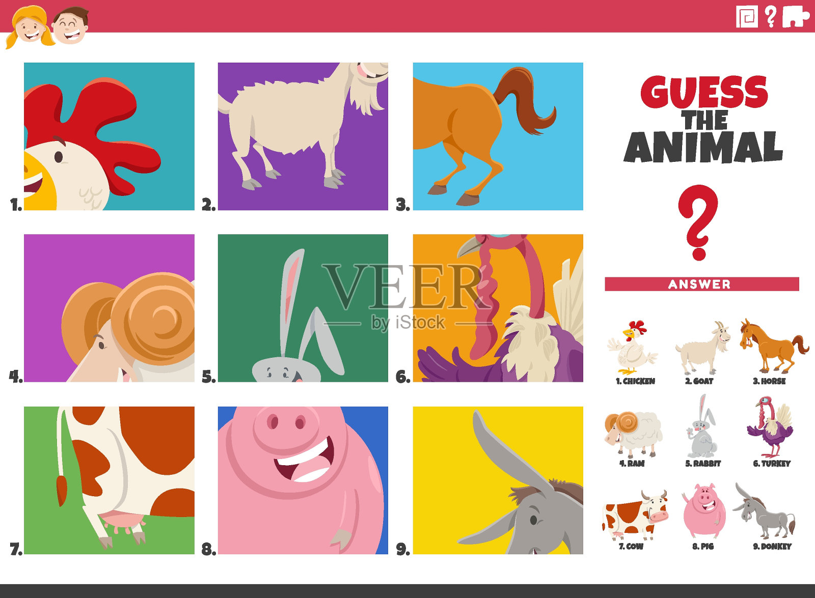 猜卡通动物角色的儿童教育游戏插画图片素材