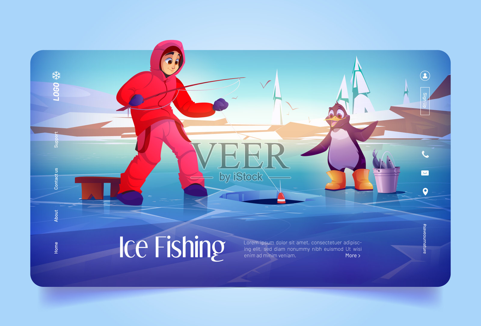 冰上钓鱼横幅上有男人和企鹅插画图片素材