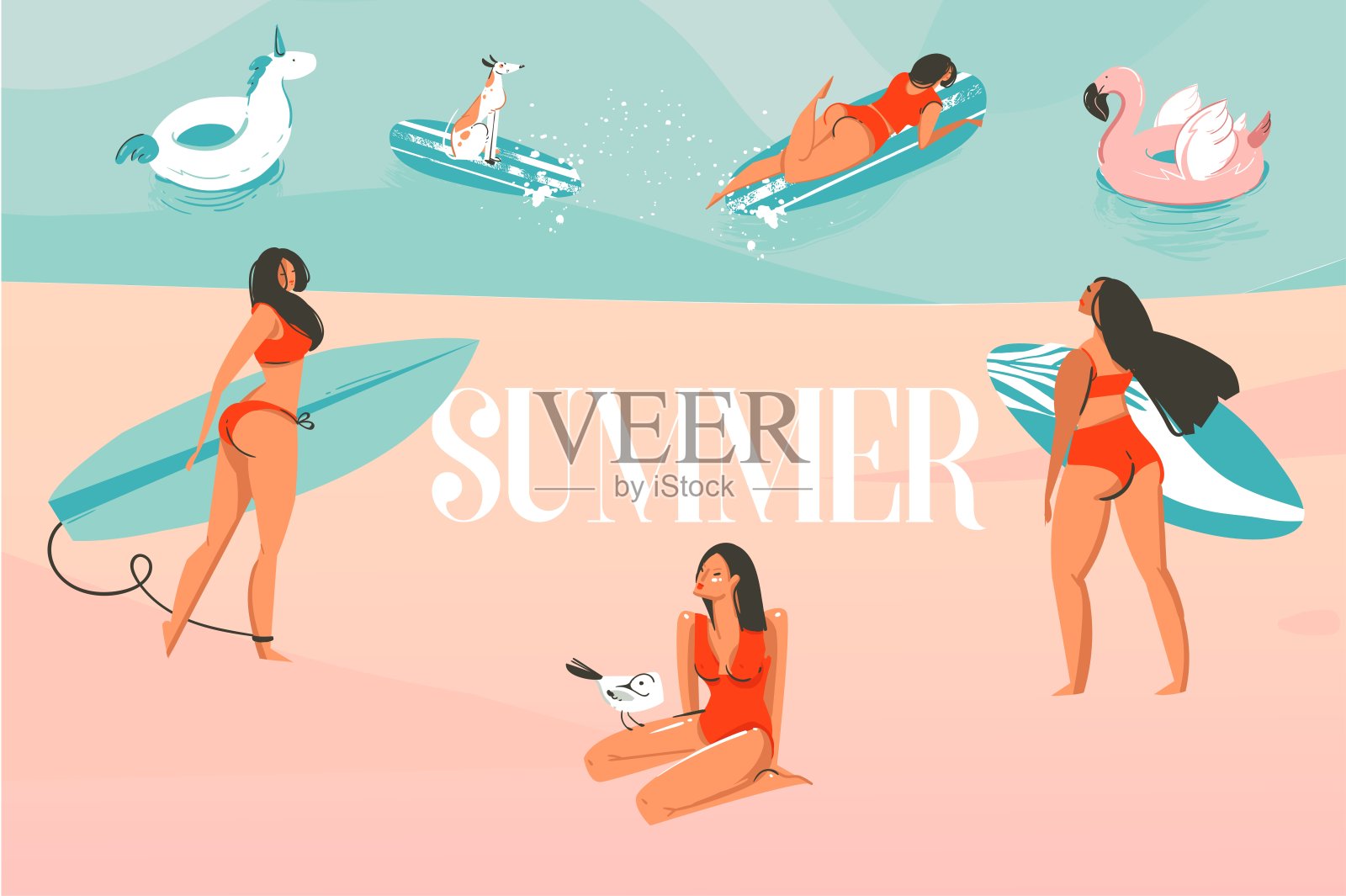 手绘矢量股票抽象图形插图与日光浴人群，冲浪的海洋海滩景观和夏季排版文字孤立的颜色背景插画图片素材