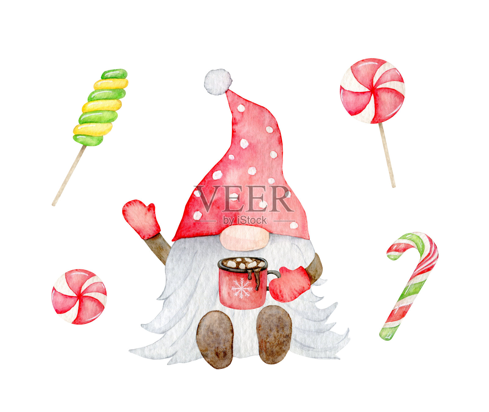 可爱的圣诞侏儒和糖果，斯堪的纳维亚精灵，水彩插图在一个孤立的白色背景插画图片素材