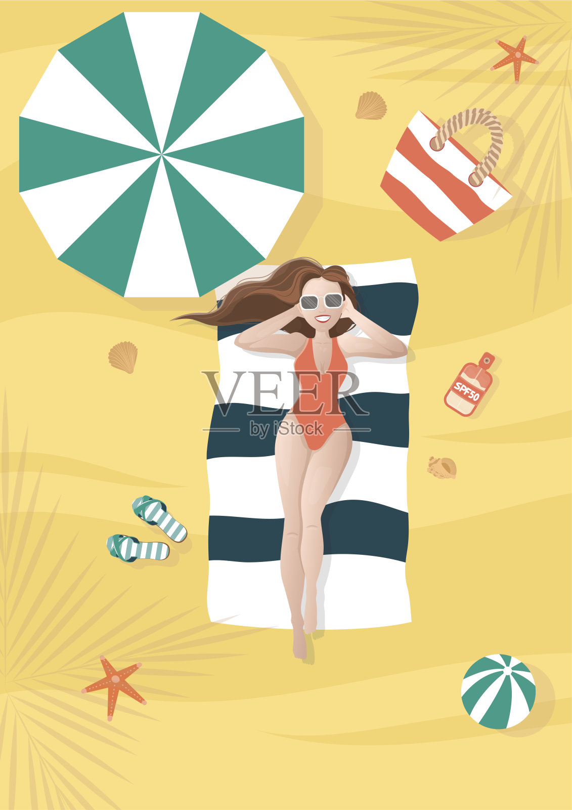 戴墨镜的女孩在沙滩上晒太阳，伞下有球，包，防晒霜，贝壳，海星。插画图片素材