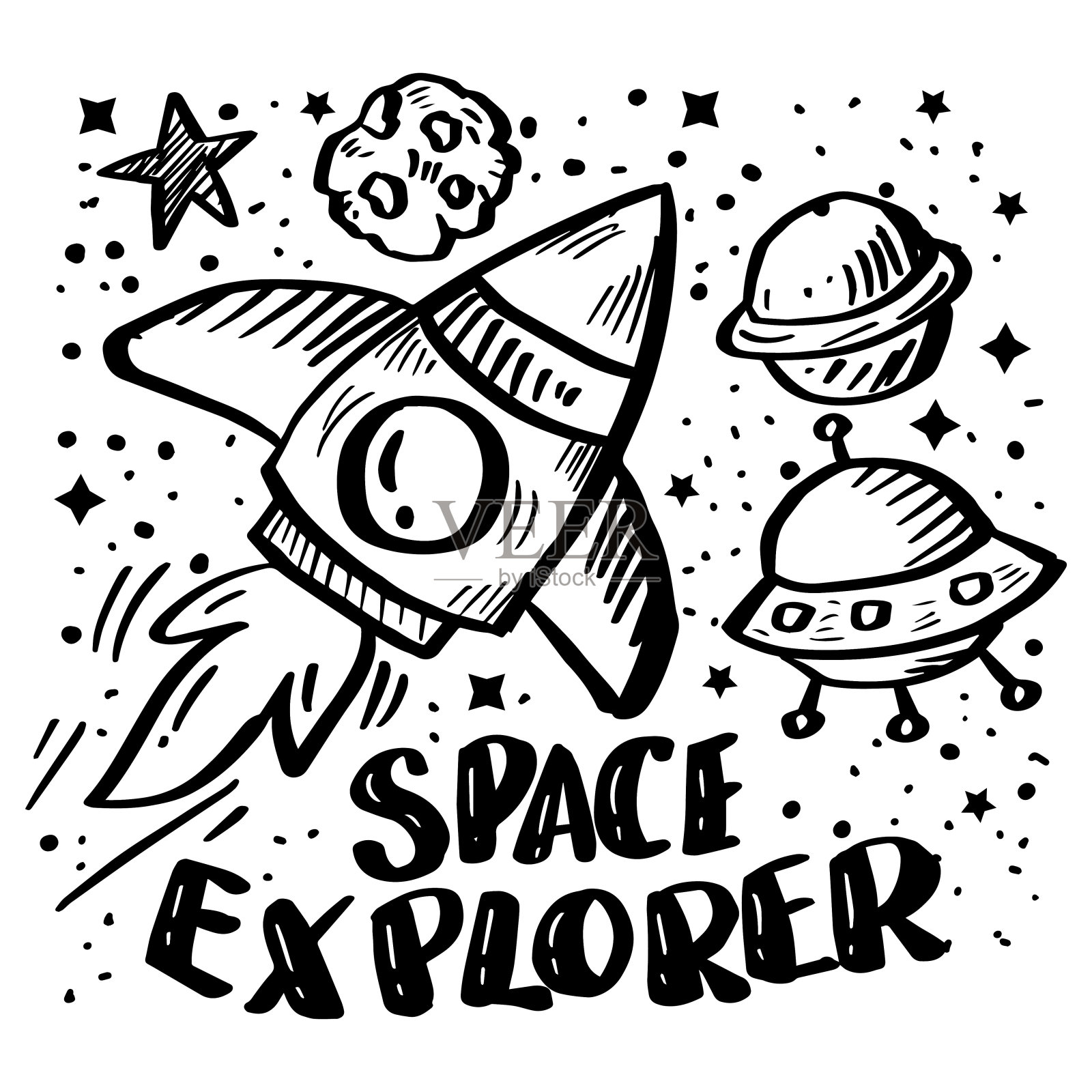 太空探险家手绘字母。说明对孩子插画图片素材