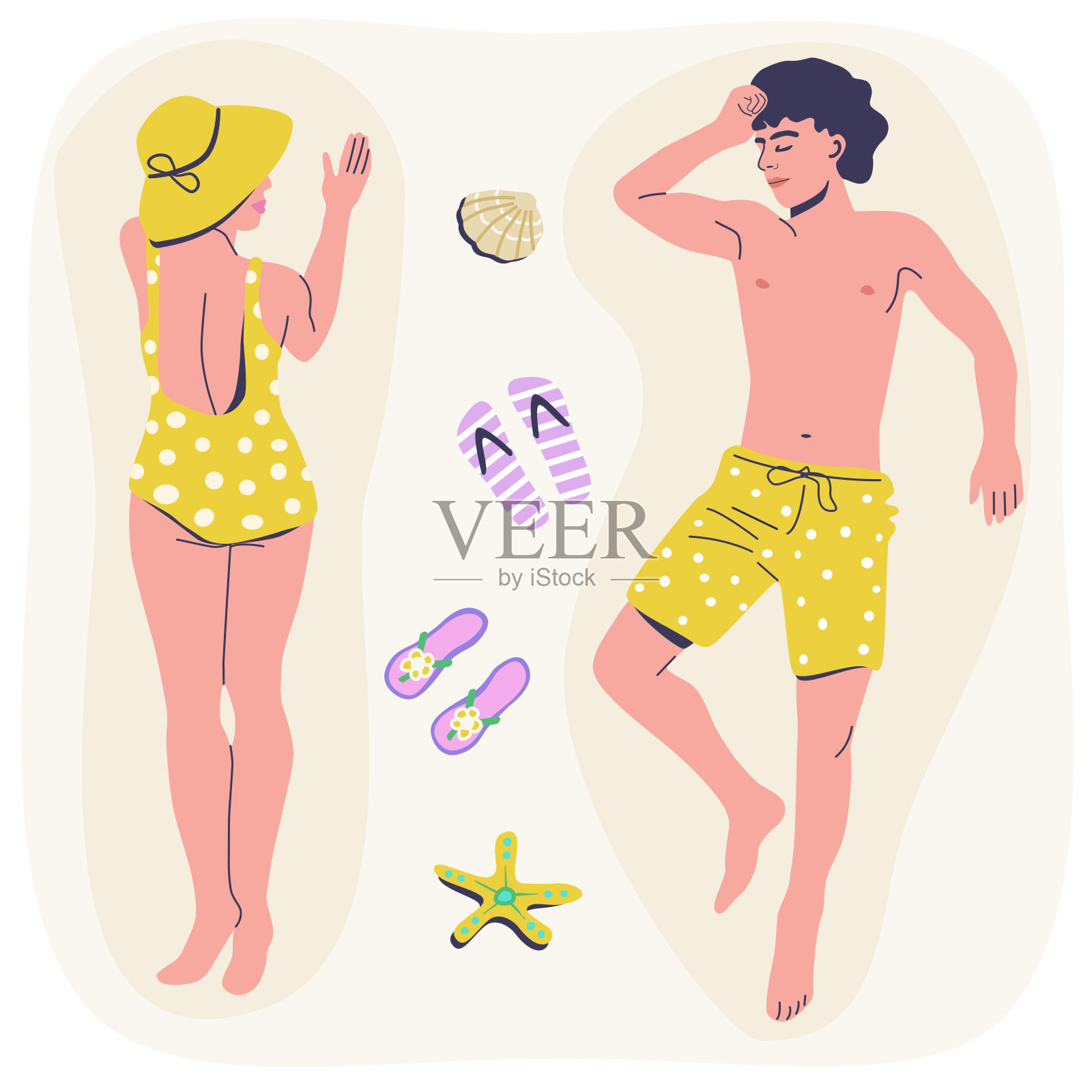 男人和女人躺在沙滩上晒太阳。插画图片素材