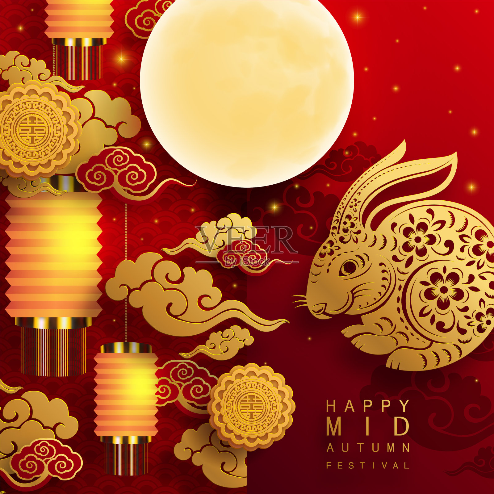 中秋节兔和月亮，月饼，花，中国灯笼与金剪纸风格的颜色背景。(中文译名:中秋节)设计模板素材