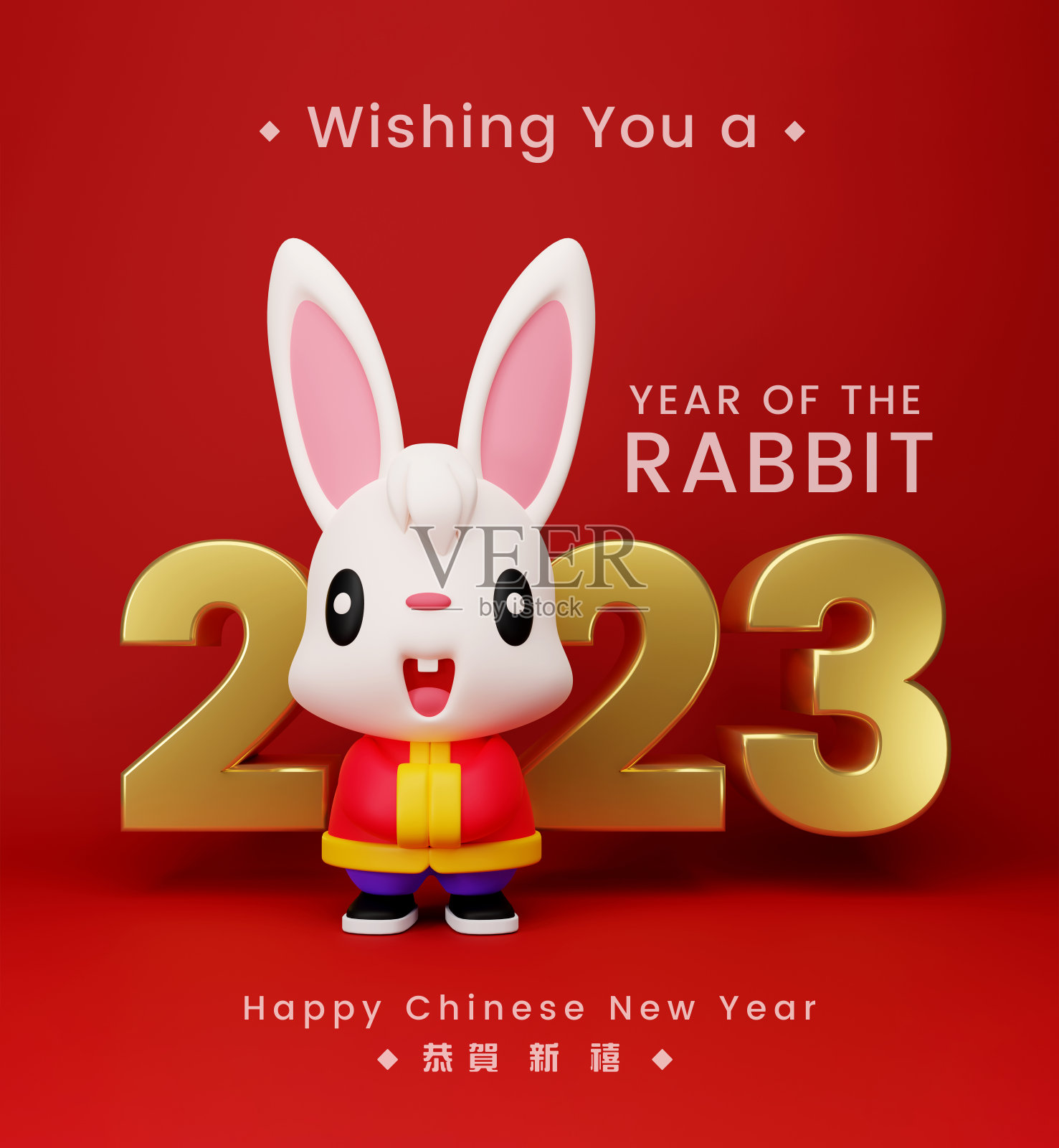 2023年中国新年祝福。3D插图可爱的兔子字符问候手势与巨大的2023文字在红色背景。兔年。新年快乐照片摄影图片