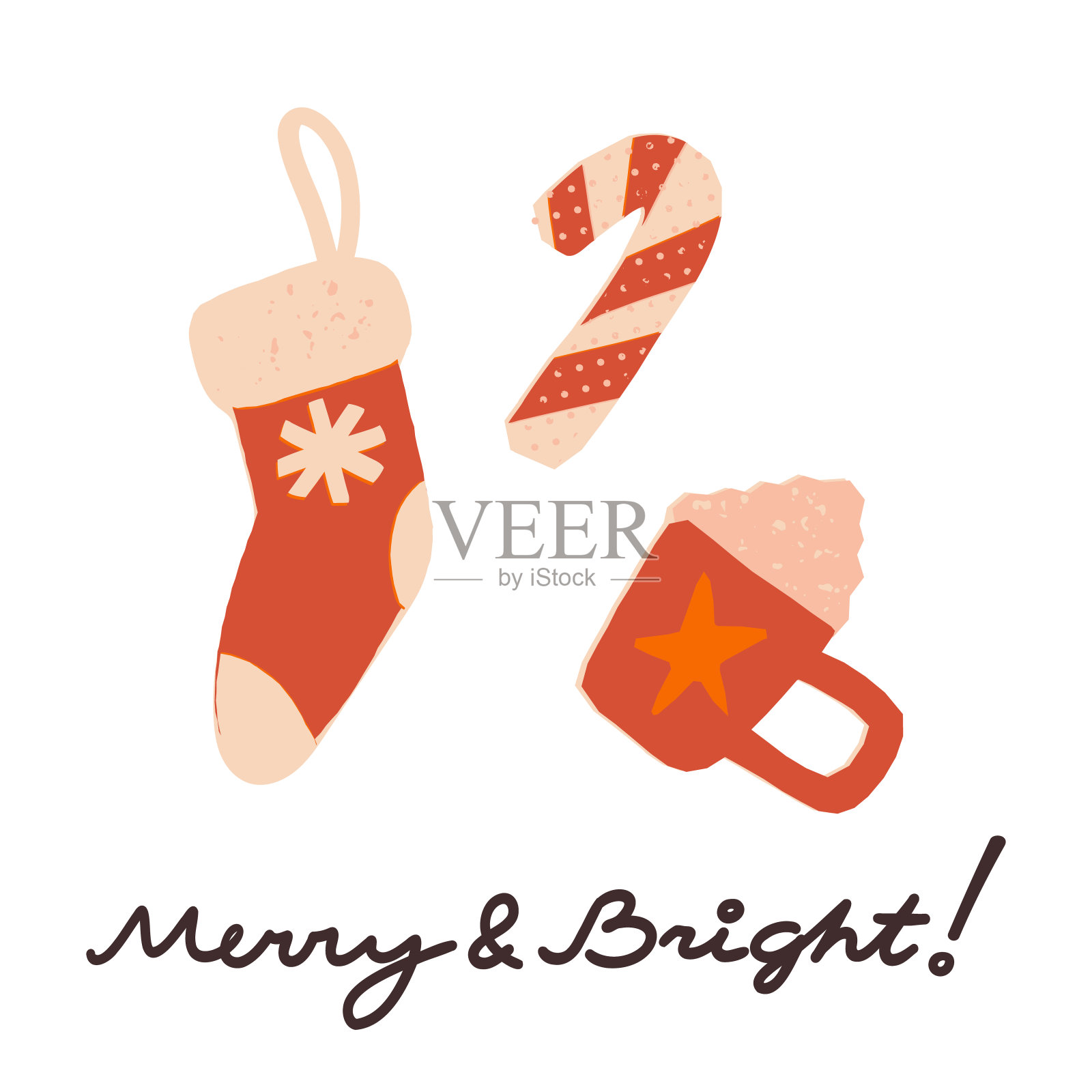 可爱的圣诞卡设计与手字。快乐和明亮的文字和圣诞礼物长袜，杯子与奶油可可，糖果拐杖。向量孤立的插图。插画图片素材