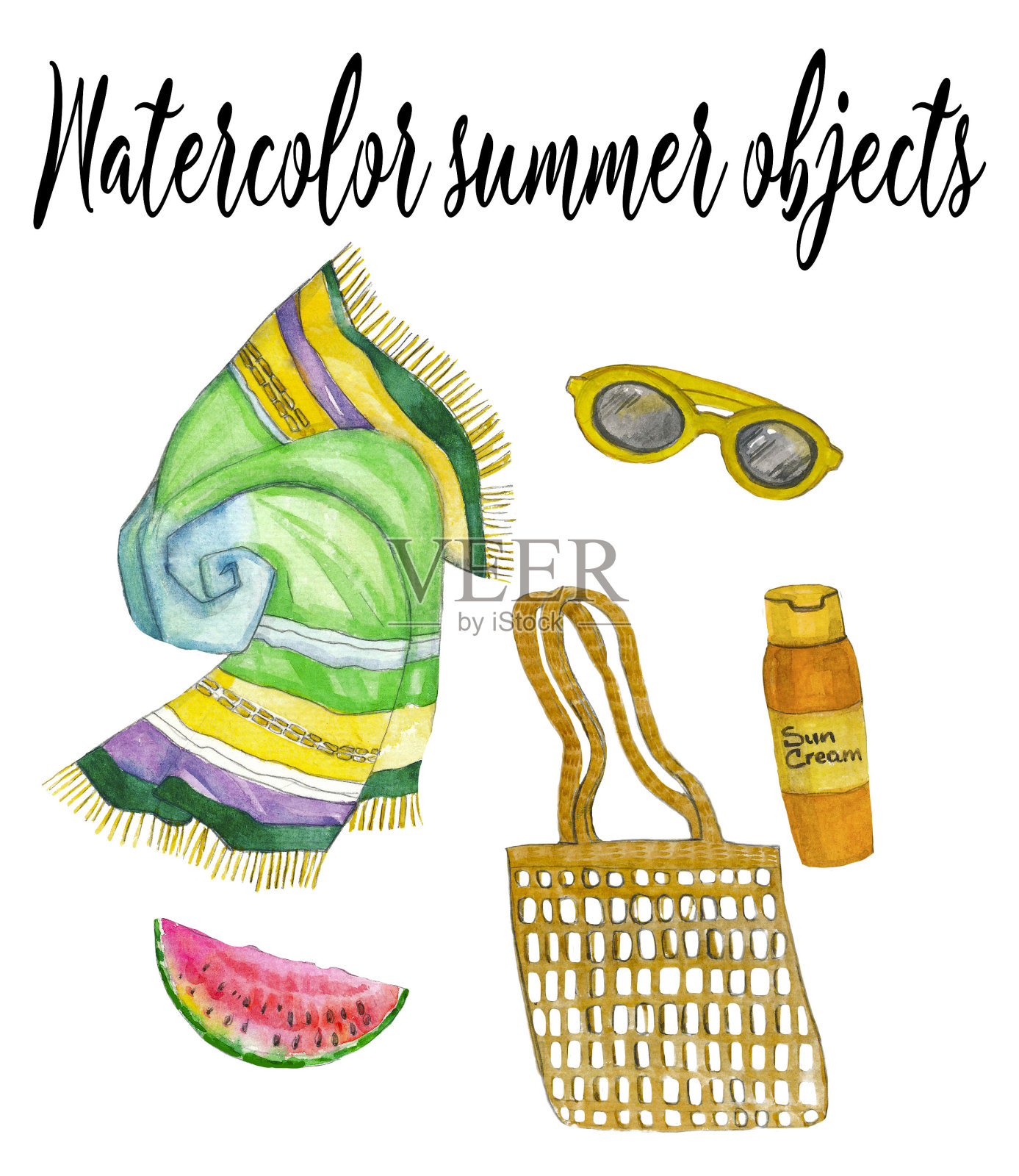 水彩手绘夏季物品，海滩元素，女性配件，帽子，黑色太阳镜，水瓶，夏季包插画图片素材