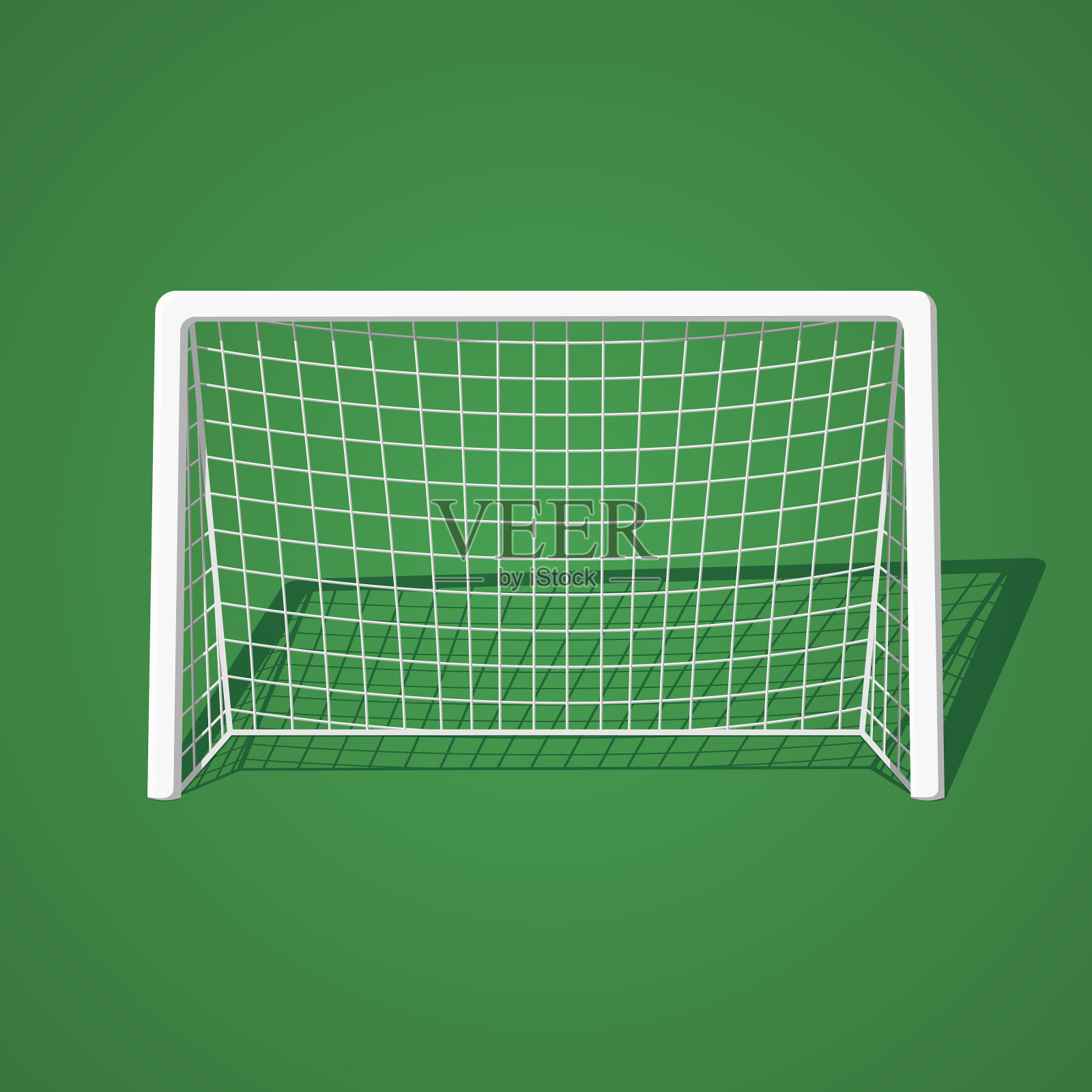 足球足球网门柱草地平坦矢量插图。孤立的运动装备图标元素的绿色背景插画图片素材