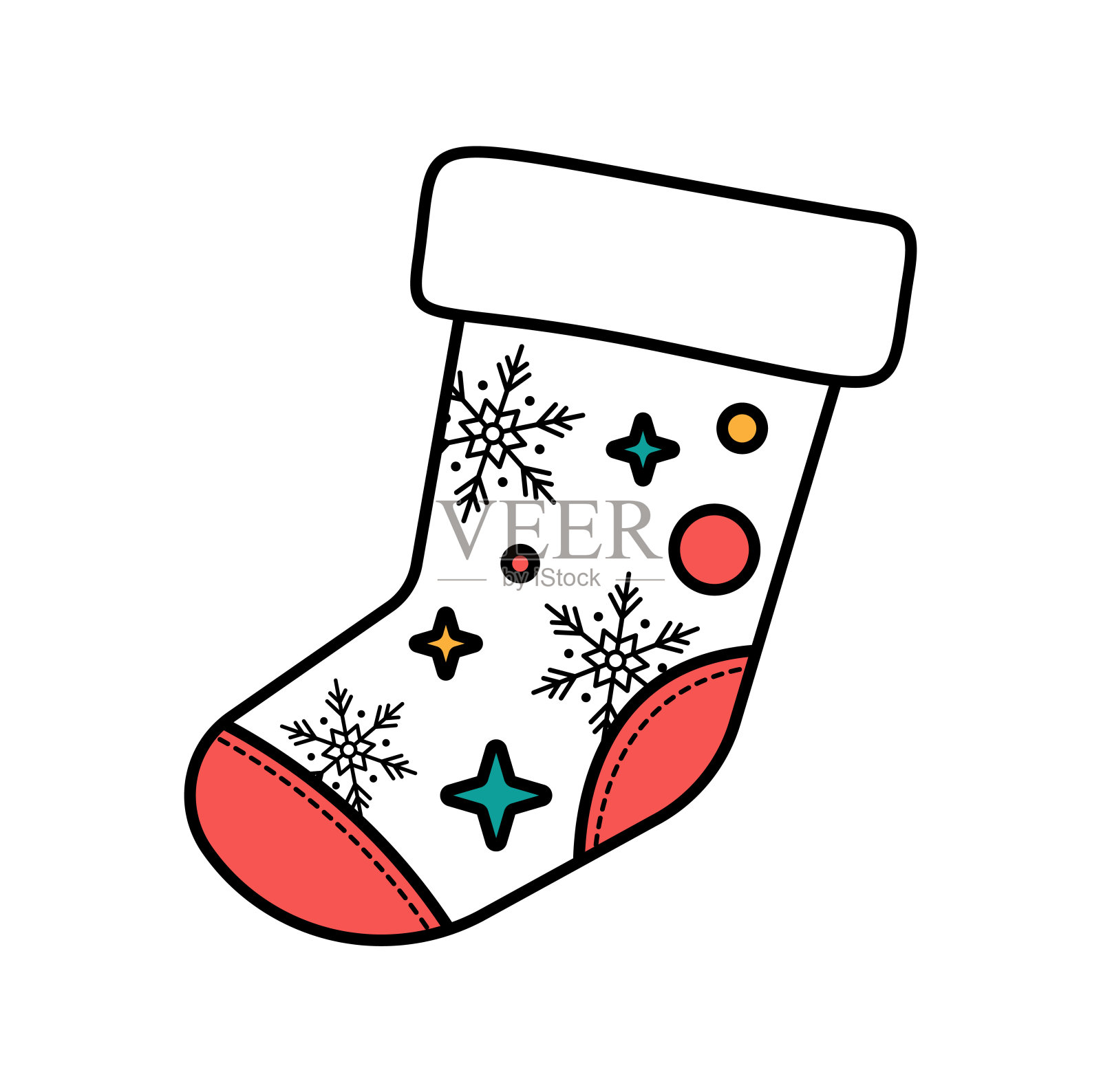 有图案装饰的圣诞袜。空的圣诞袜，白色的皮毛和补丁插画图片素材