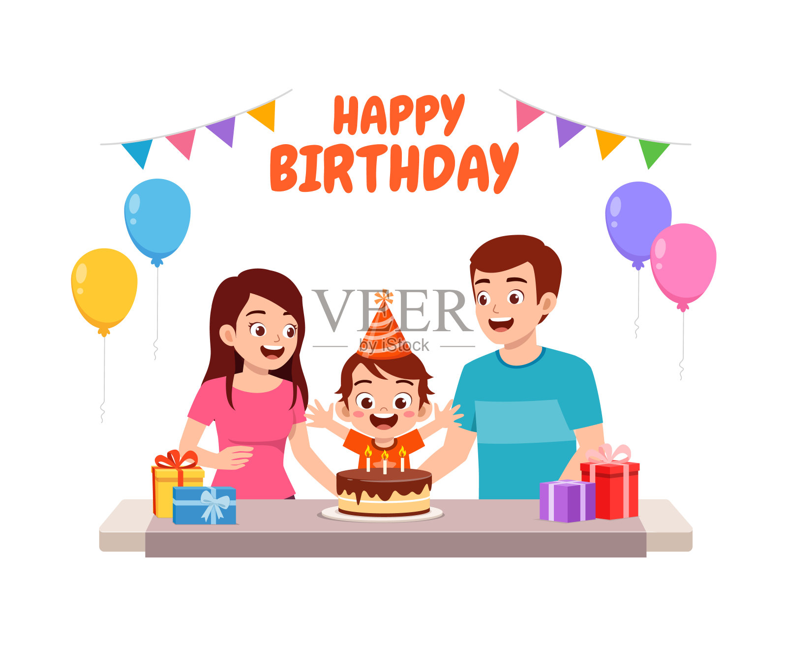 小孩在生日聚会上和朋友吹蜡烛插画图片素材_ID:427921847-Veer图库