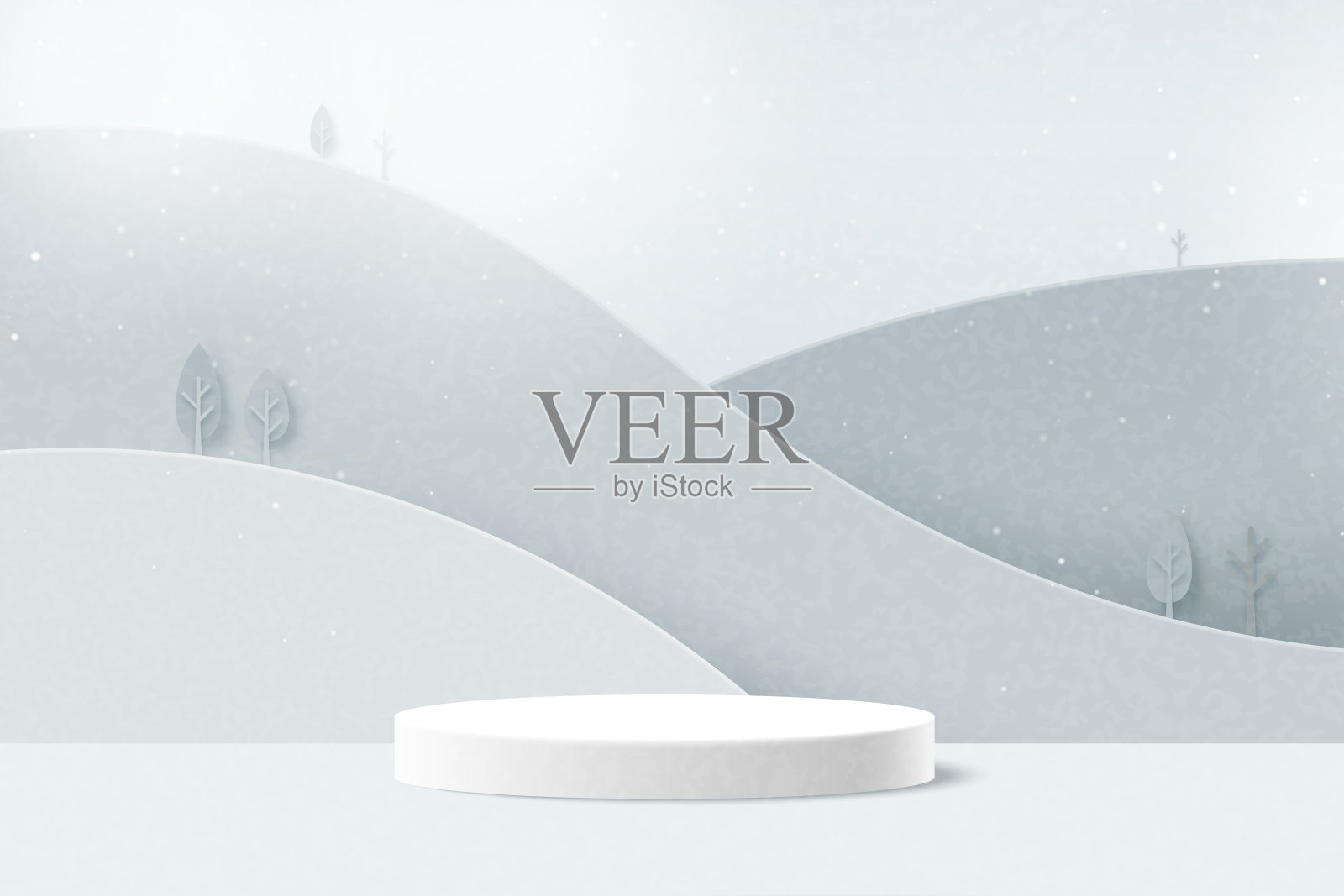白色圆柱裙台上的山景。最小的冬季场景背景。矢量插图。3d剪纸抽象最小几何形状模板背景。插画图片素材