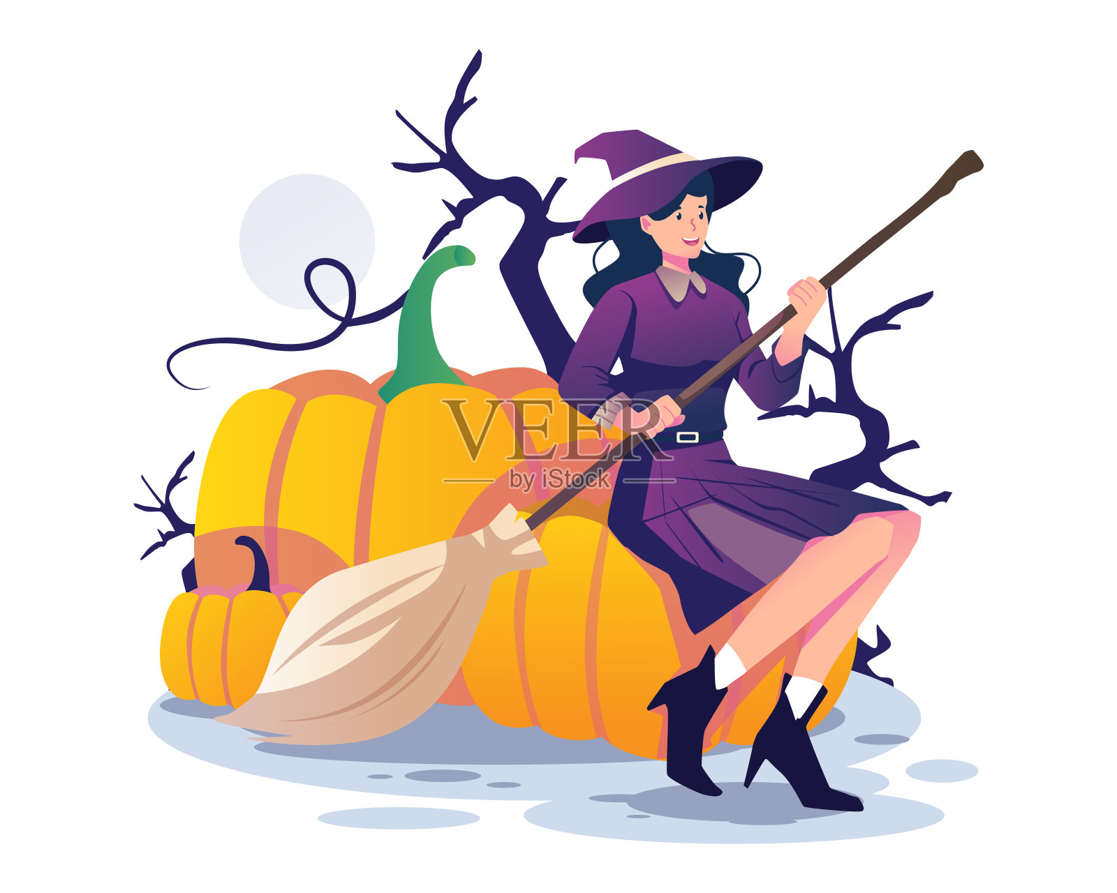 女巫拿着扫帚，坐在一个巨大的万圣节南瓜上。年轻女子穿着女巫服装，戴着帽子。平面风格的矢量插图插画图片素材