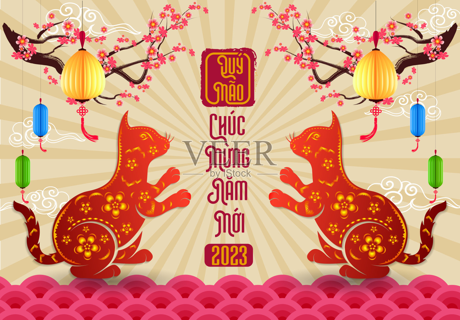 2023年农历新年，越南新年，猫年快乐。插画图片素材_ID428824876Veer图库