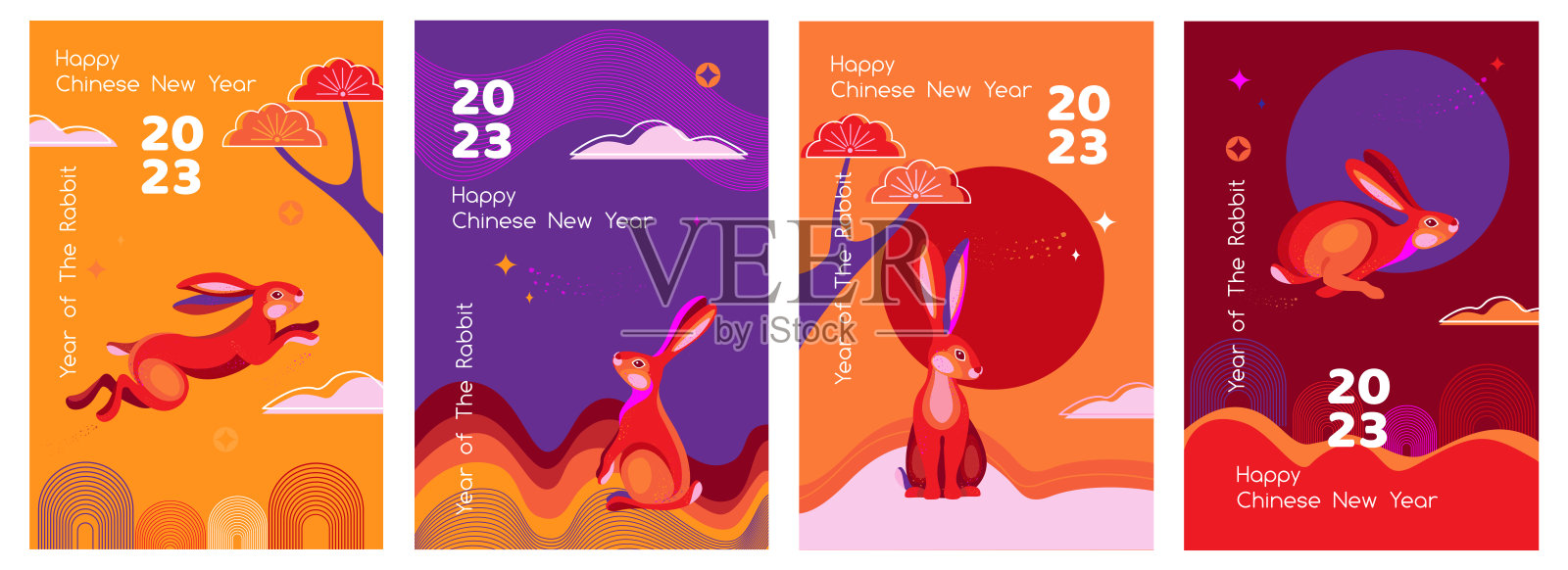 2023年中国新年快乐的抽象背景设置与兔子设计模板素材