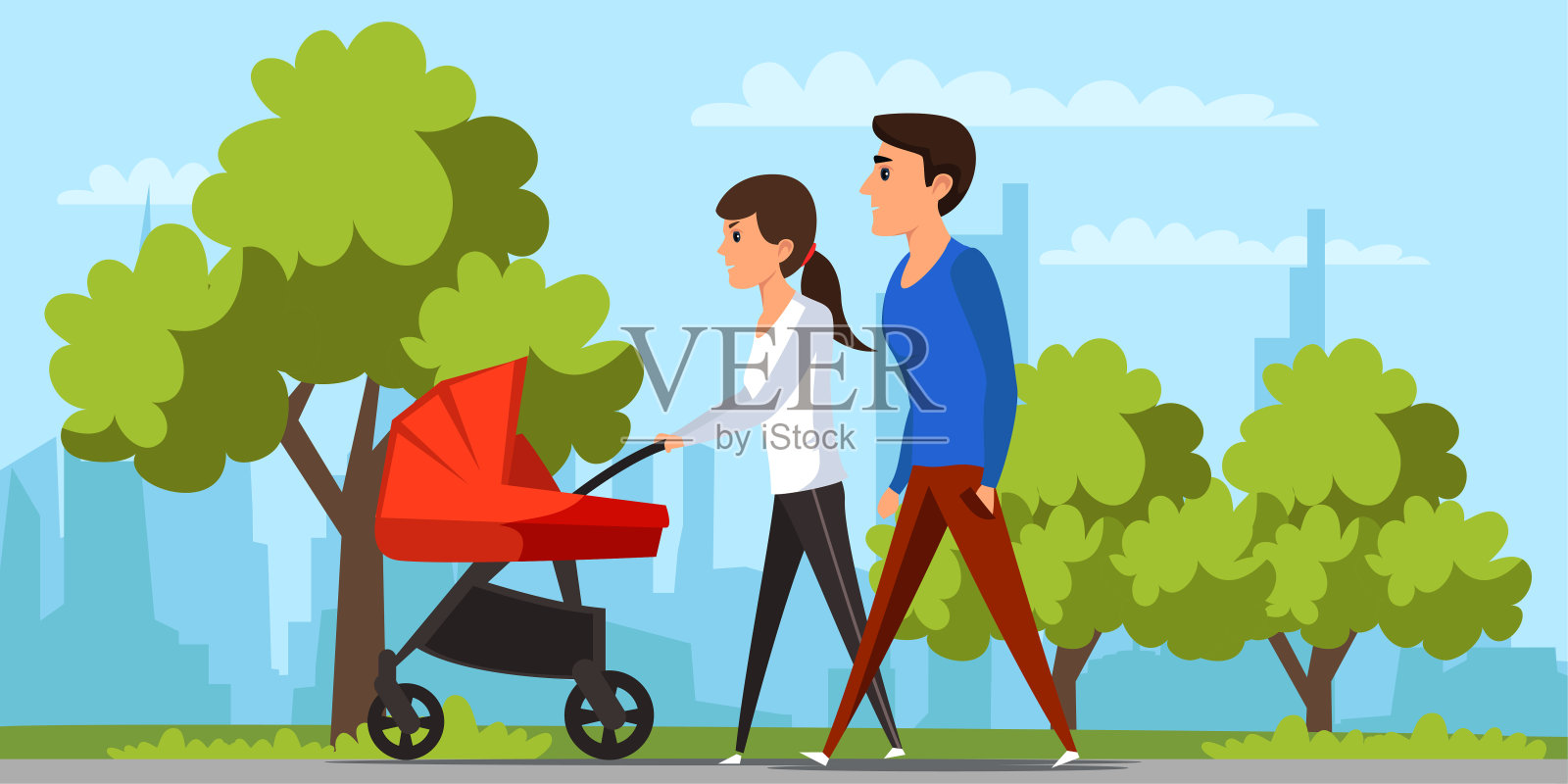 年轻情侣推着婴儿车散步-蓝牛仔影像-中国原创广告影像素材