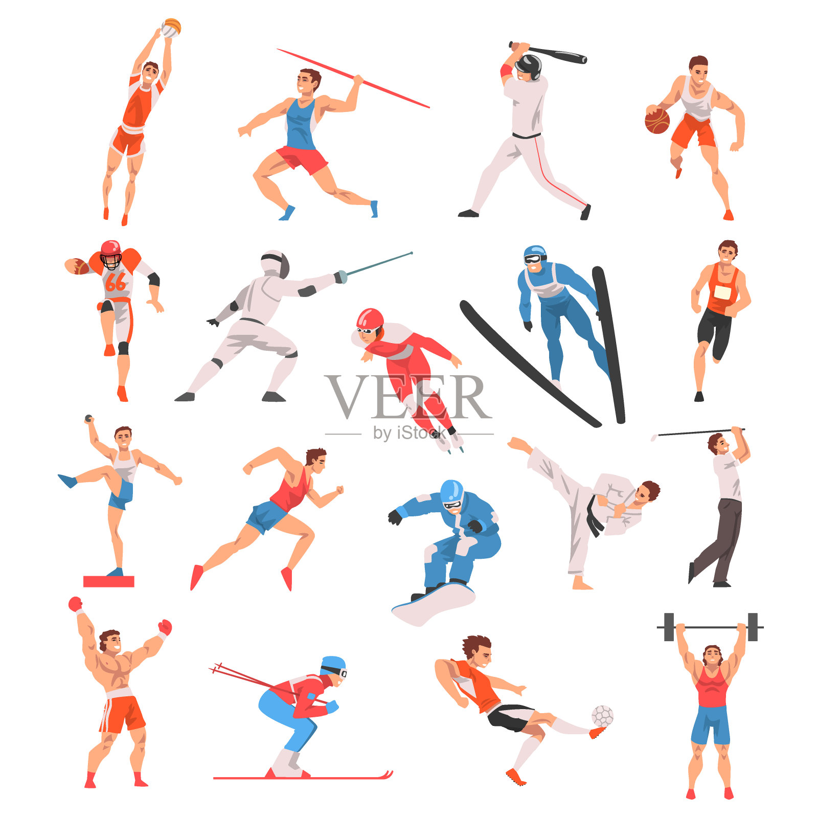 专业男子运动员和运动员从事体育动作训练身体大矢量集插画图片素材