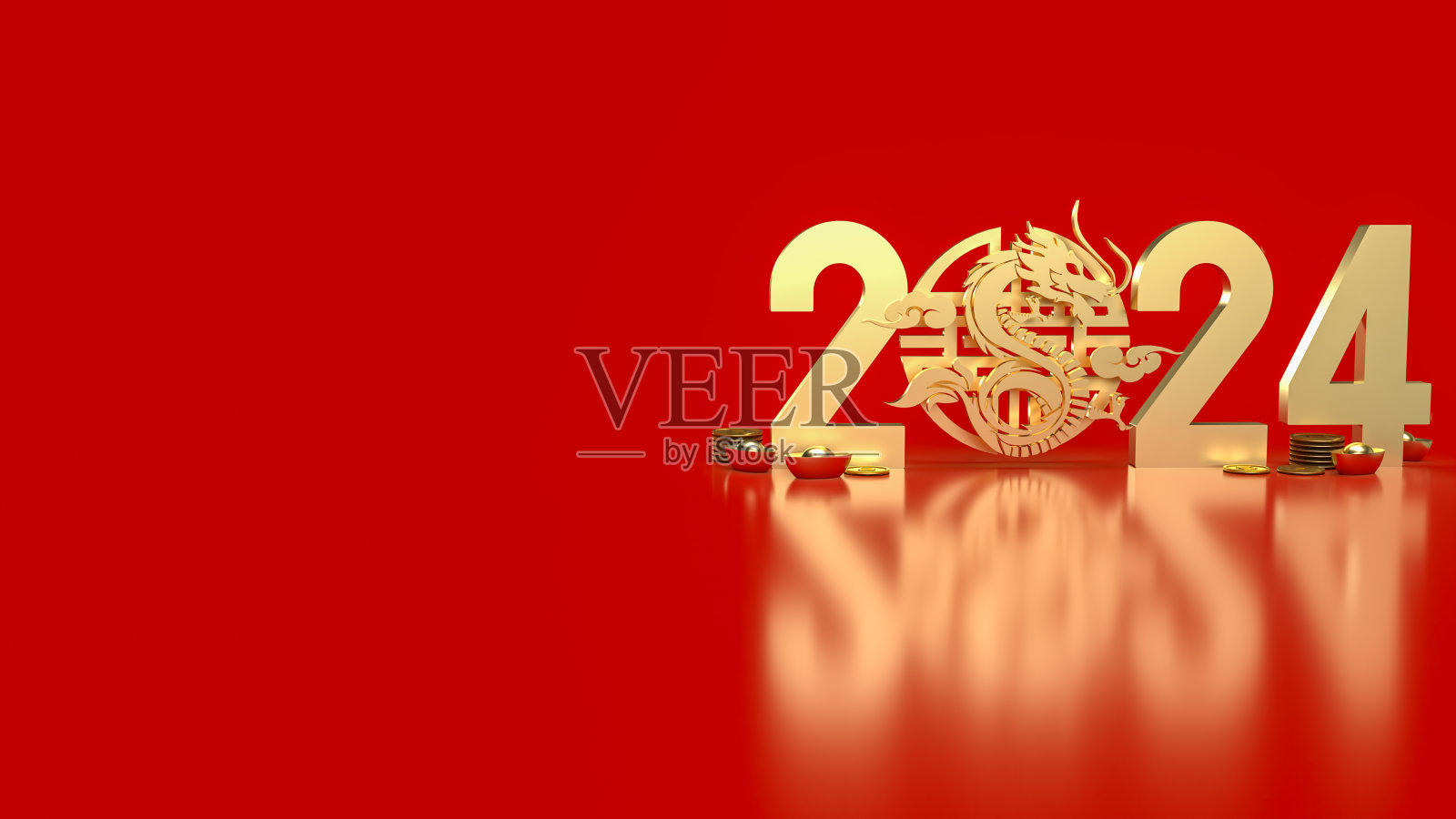 2024年的黄金中国货币和龙生肖3d渲染照片摄影图片