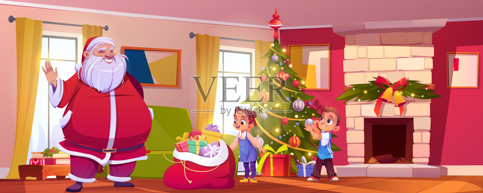 有圣诞老人和壁炉的圣诞客厅插画图片素材
