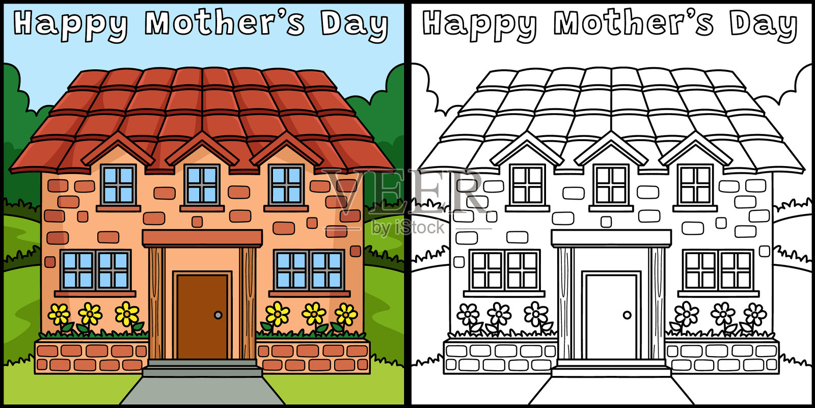 母亲节快乐，房屋涂色页插画图片素材
