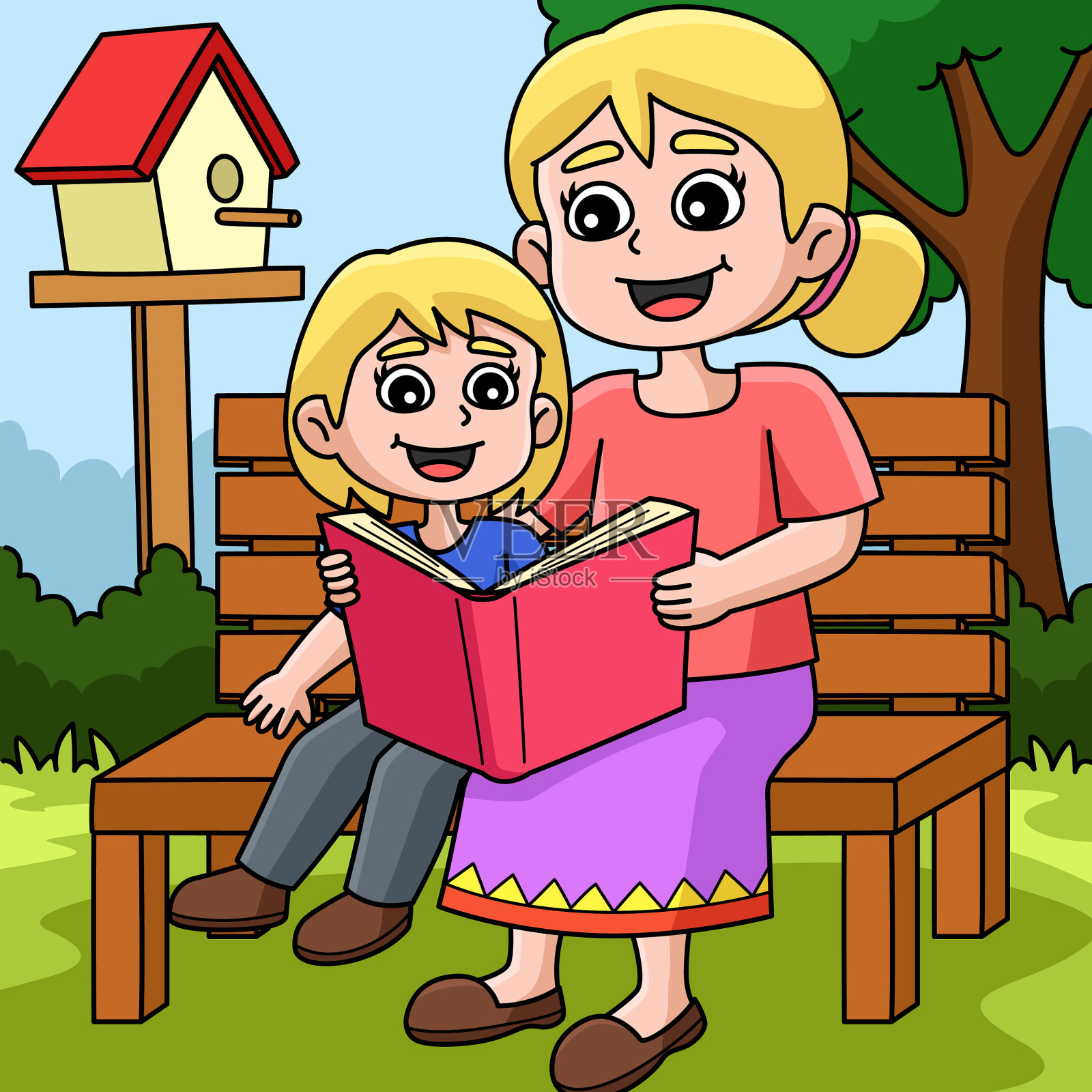 母亲节妈妈孩子读书书彩插画图片素材