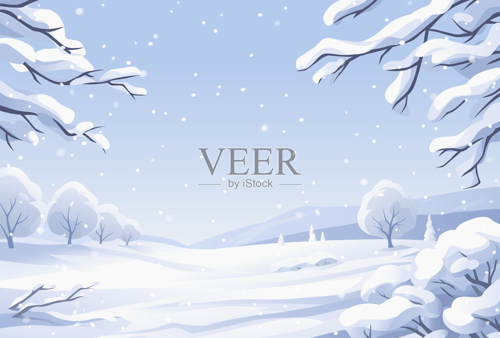 冬季景观与积雪覆盖的树木插画图片素材