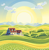 一幅带房子的阳光明媚的夏日风景画图片素材