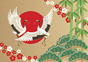 鹤、松、竹、梅，吉祥画日本图片素材