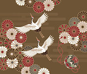 鹤和菊花日本传统图案图片素材