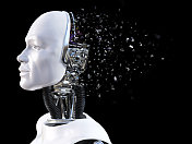 男性机器人头部粉碎的3D效果图。图片素材