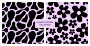 集合两个矢量复古无缝模式与黑色雏菊花和抽象点紫色的背景。插画图片