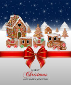 圣诞快乐的背景有红蝴蝶结，姜饼屋，火车和树插画图片