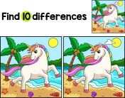 在海滩上漫步的独角兽发现了差异插画图片