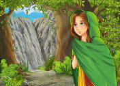 卡通夏天的场景与草地在森林与王子和公主插画图片