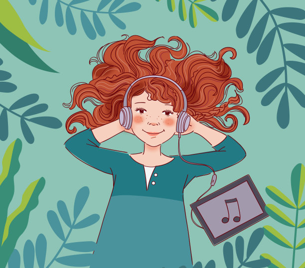 可爱的女孩戴着耳机在花园里听音乐自然景观背景暑假插图
