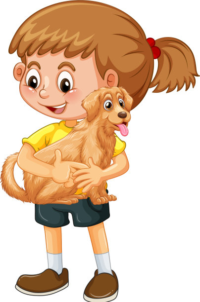 快乐的女孩卡通人物抱着一只可爱的狗图片