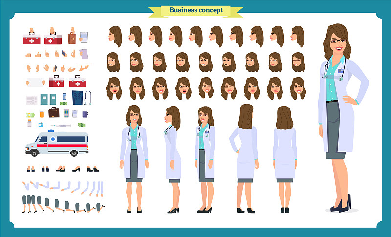 女医生角色创造集。正面，侧面，后视图动画角色。医生角色的创建设置有不同的视图图片下载