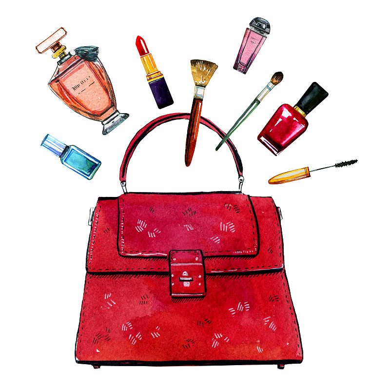 手绘水彩插图与红色风俗化的女性包，香水和化妆品图片下载