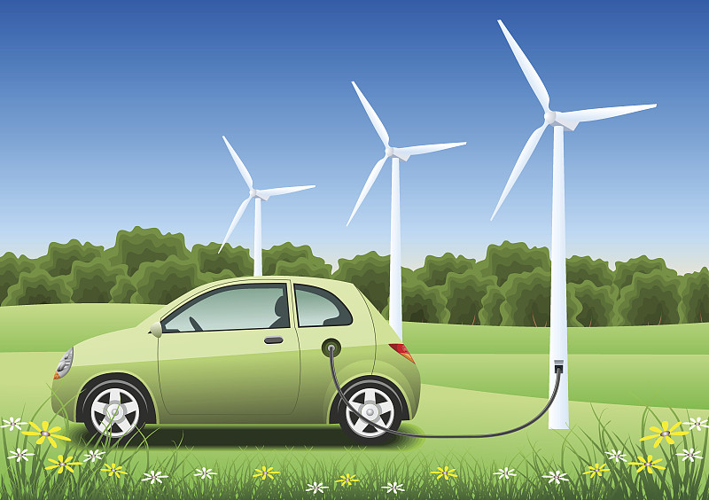 绿色混合动力汽车与风力发电机充电图片下载