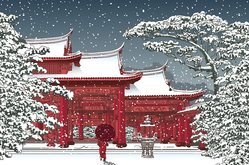 日本或中国的寺庙下雪图片下载