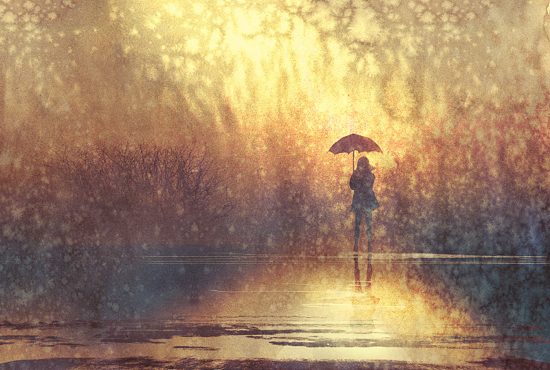 雨中的女人背影图片