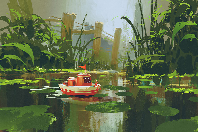 在森林里的河上航行的玩具船图片下载