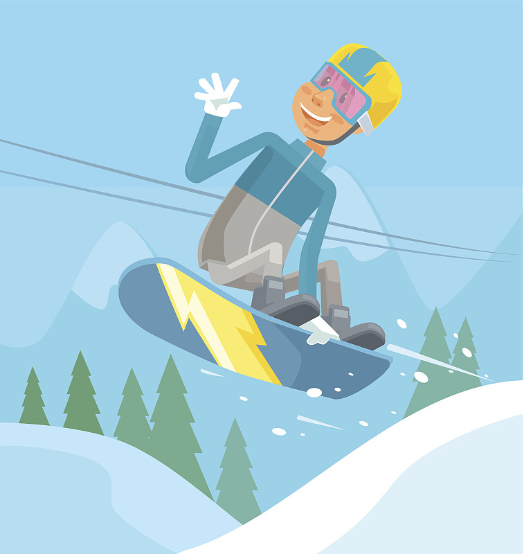 滑雪字符跳跃。矢量平面卡通插图图片素材