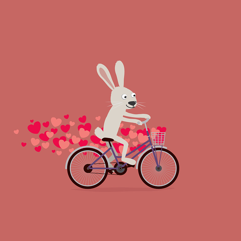 可爱的情人节卡片:卡通兔子骑着心形自行车图片下载