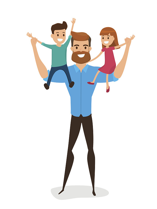 祝您父亲节快乐。幸福的家庭的概念。爸爸肩上扛着小儿子和小女儿。图片素材